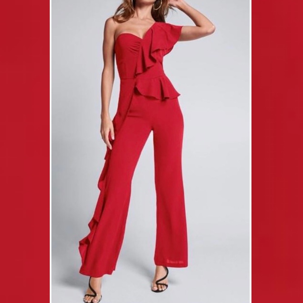 One Shoulder Ruffle Trim Jumpsuit